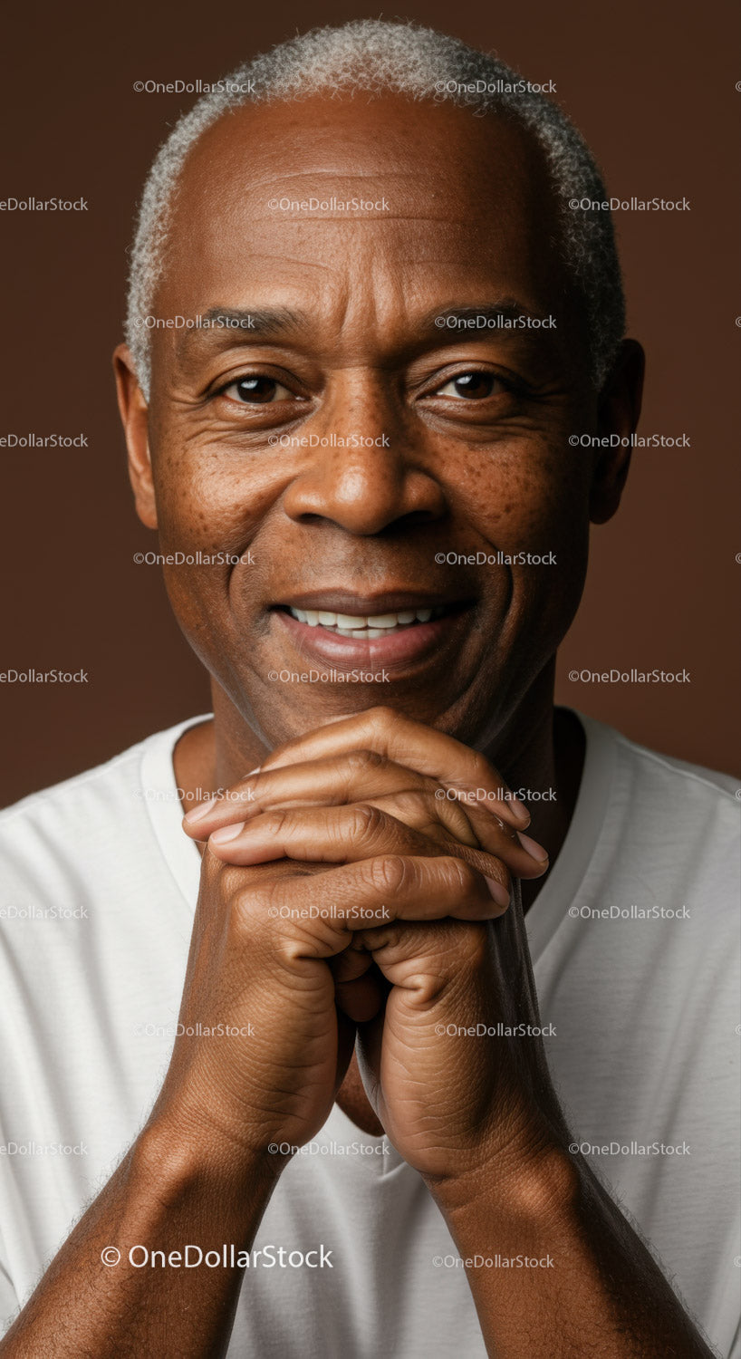 Close-up of smiling elderly man with clasped hands