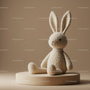 Soft Plush Bunny Sitting on Round Pedestal in Warm Light