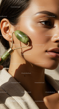 Close-Up of a Woman Using Jade Roller for Facial Skin Care