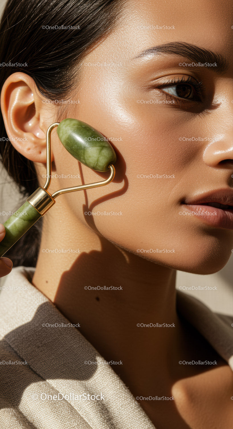 Close-Up of a Woman Using Jade Roller for Facial Skin Care