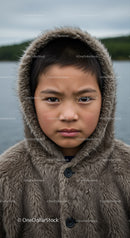 Young Boy in Fur Hoodie Outdoors Near Lake with Gray Sky
