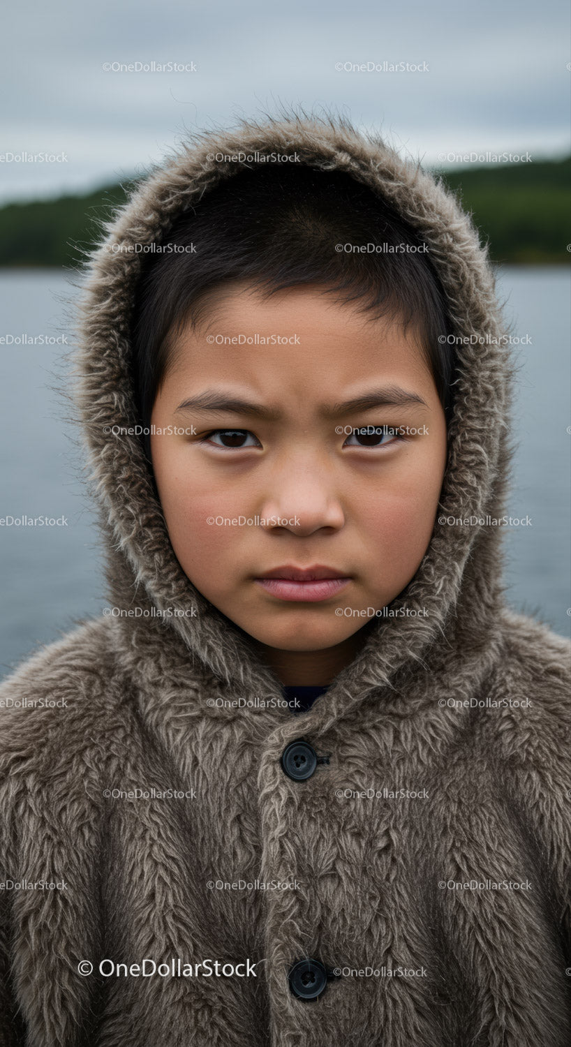 Young Boy in Fur Hoodie Outdoors Near Lake with Gray Sky