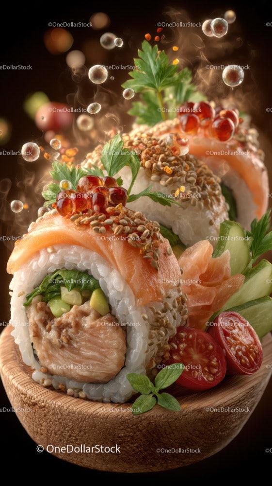 Fresh Salmon Sushi Roll with Avocado and Cherry Tomatoes Stock Photo Bundle (14 JPG Files)
