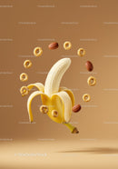 Peeled banana surrounded by floating cereal and almonds