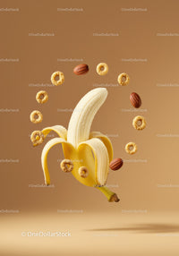 Peeled banana surrounded by floating cereal and almonds