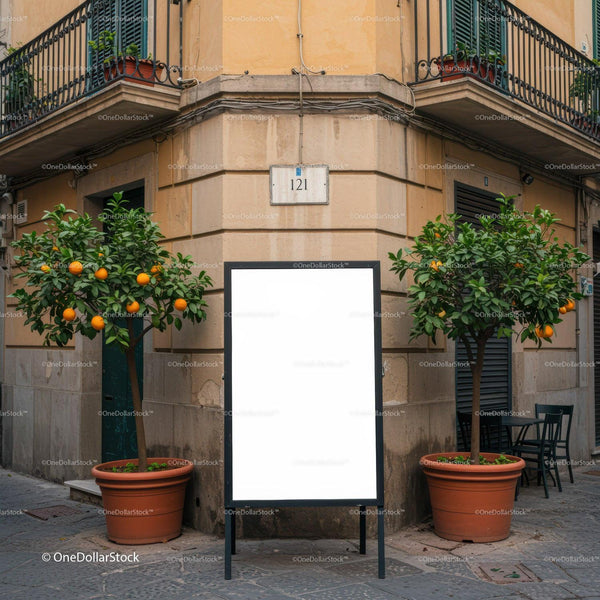 Empty sidewalk sign between orange trees in urban street JPG Mockup Image