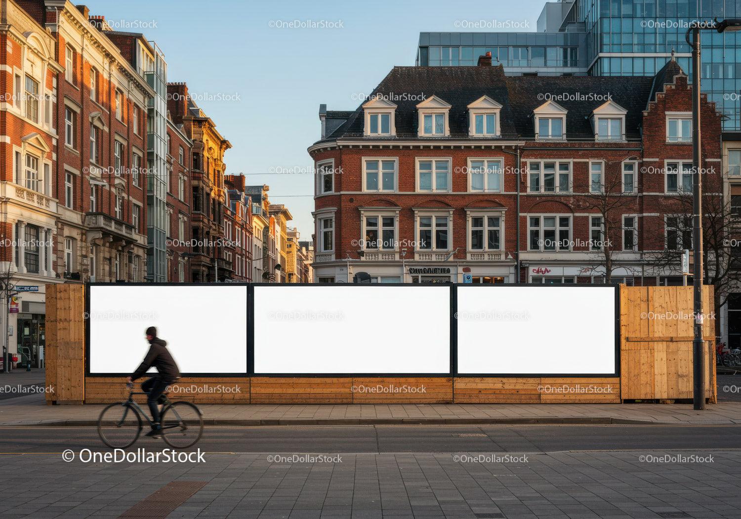 Urban street with blank billboard signs and cyclist
