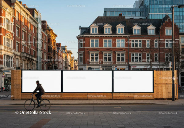 Miejska ulica z pustymi billboardami i rowerzystą