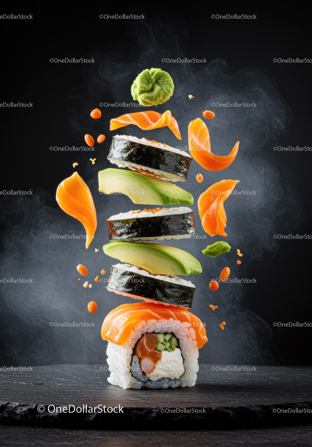 Dekonstruowana rolka sushi ze świeżym łososiem i awokado
