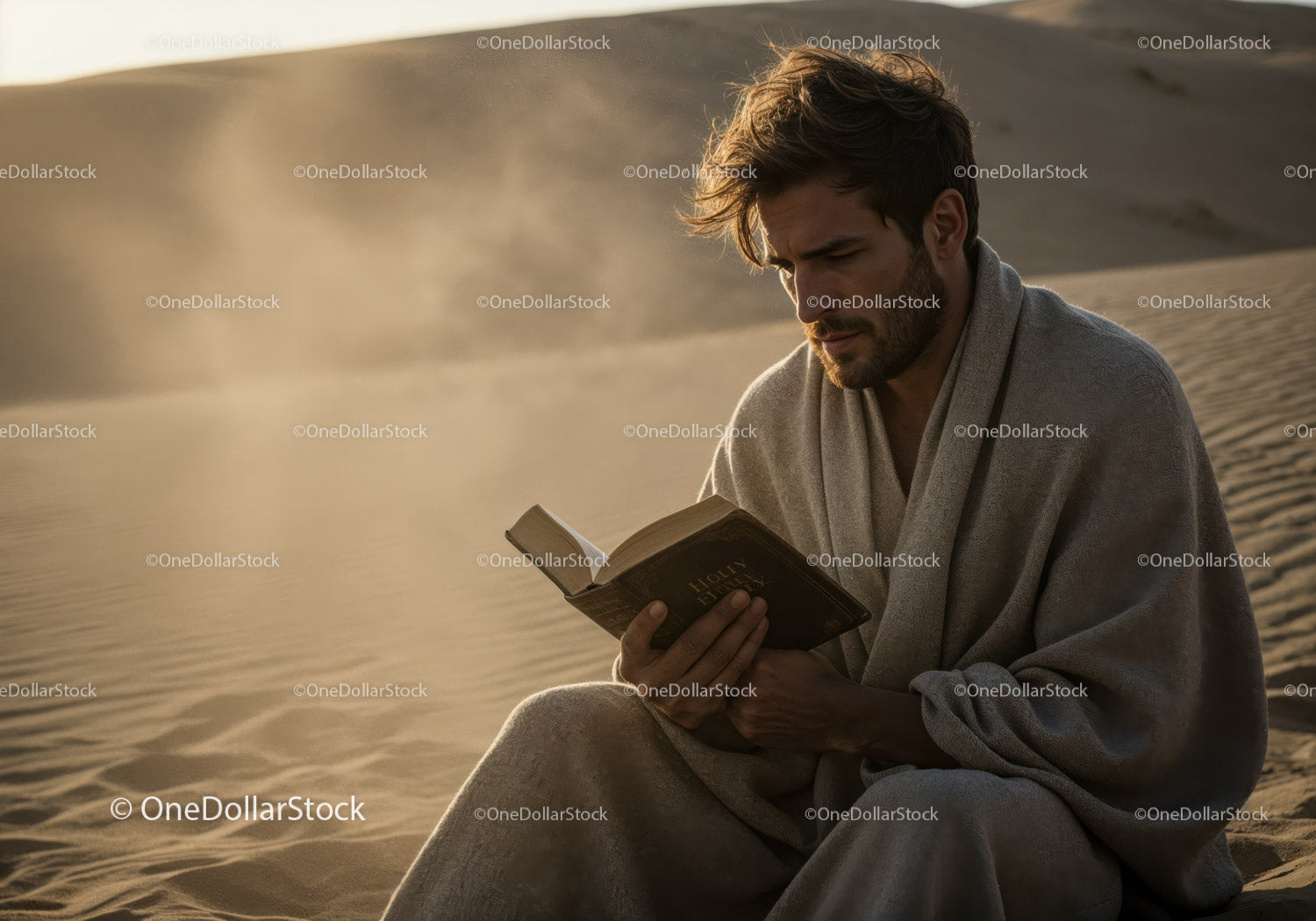 Man in Casual Clothing Reading Book in Desert During Dust Storm