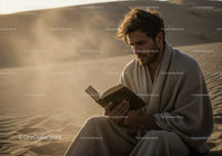 Man in Casual Clothing Reading Book in Desert During Dust Storm