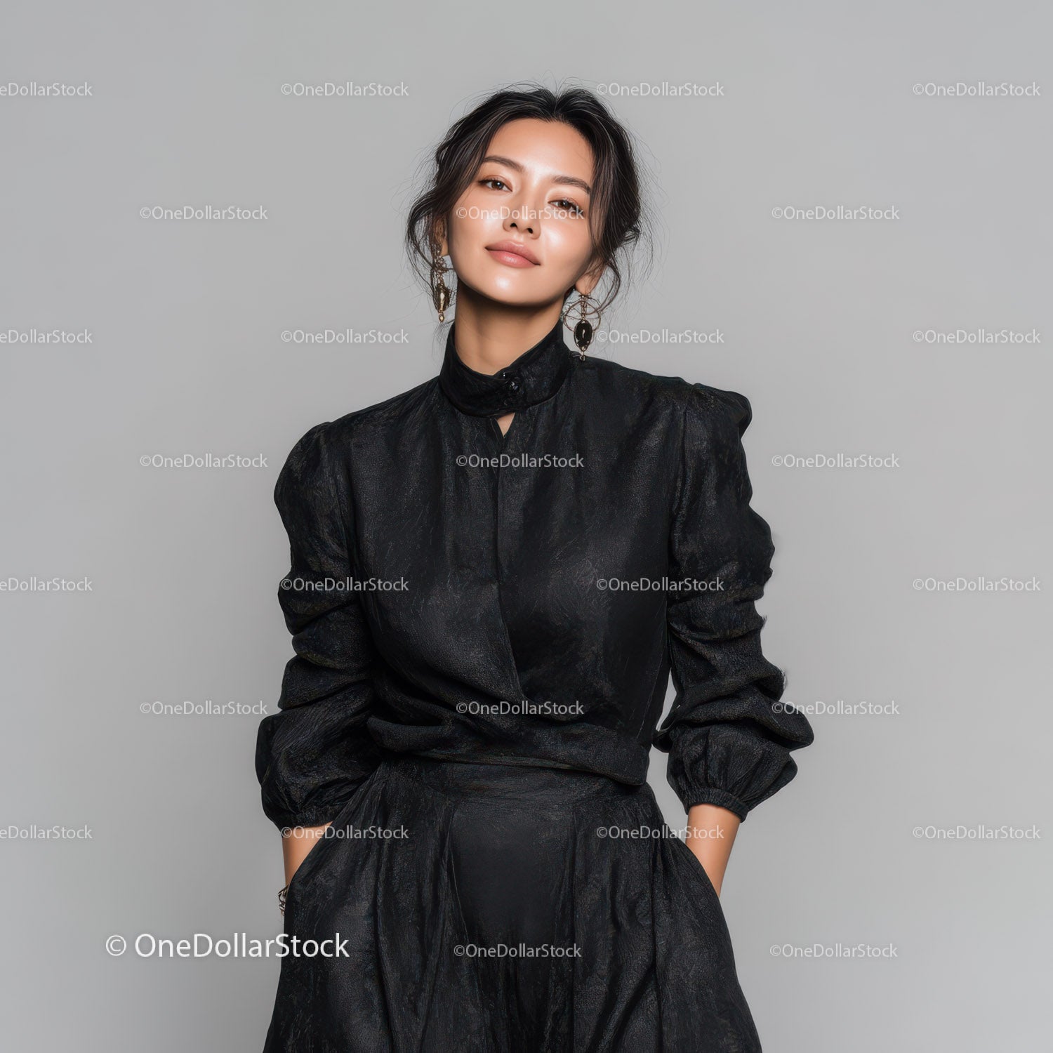 Stylowa kobieta w eleganckim czarnym stroju do fotografii modowej