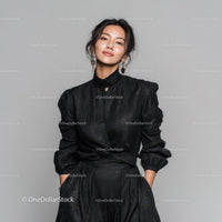 Stylish Woman Wearing Elegant Black Outfit for Fashion Photography