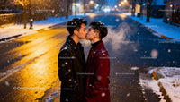 Young LGBTQ couple sharing a winter kiss outdoors