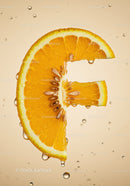 Fresh orange slice with water droplets on light background
