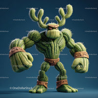 Vibrant Green Anthropomorphic Cactus Character with Muscular Build