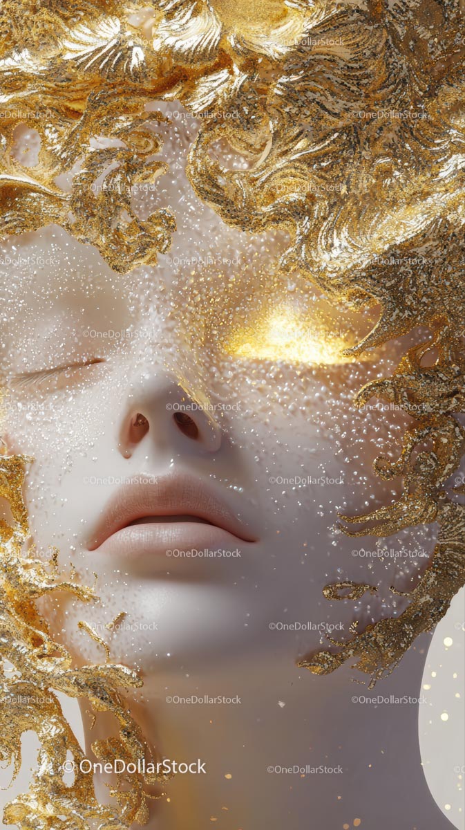 Ethereal Female Portrait with Gold Embellishments and Dreamy Expression