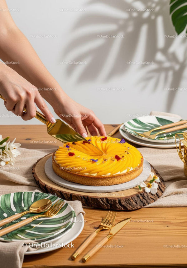 Elegancka tarta z mango ze złotymi sztućcami i tropikalną dekoracją