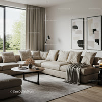 Cozy Modern Living Room with Beige Sofa and Abstract Art Wall