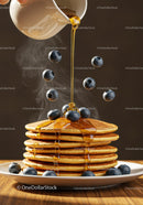 Stack of fluffy pancakes with syrup and fresh blueberries
