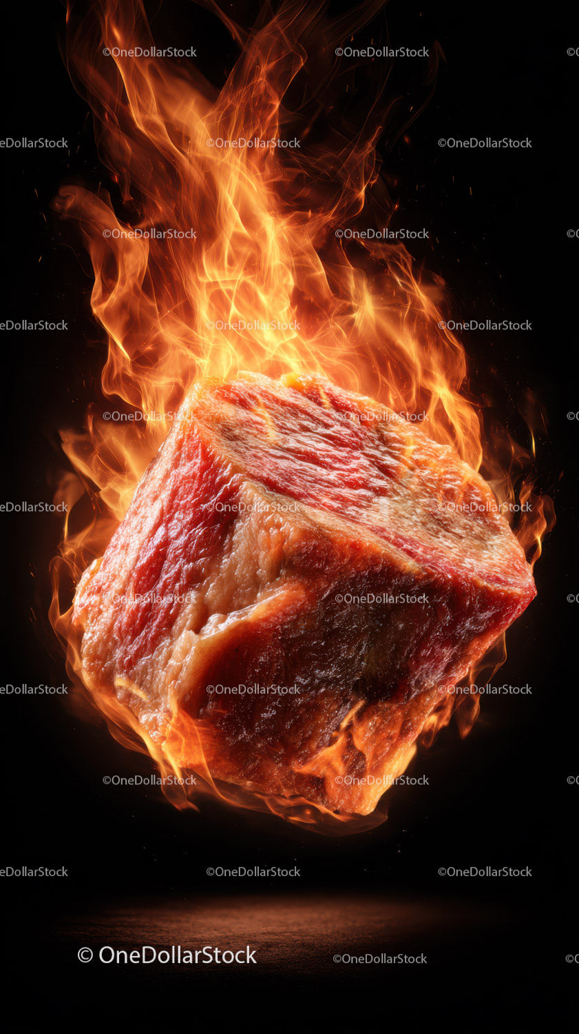 Juicy Beef Steak on Fire Flame in Professional Food Photography