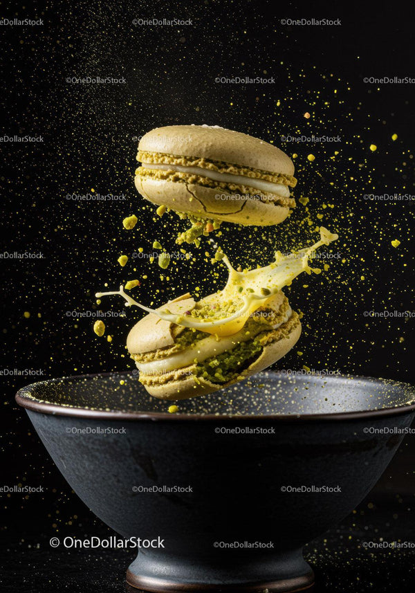 Green Pistachio Macarons with Cream Splash in Dark Bowl