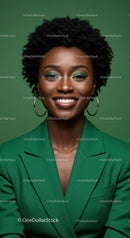 Elegant African Woman in Green Suit with Bright Smile and Natural Hair