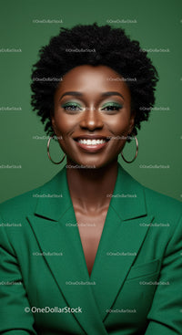 Elegant African Woman in Green Suit with Bright Smile and Natural Hair