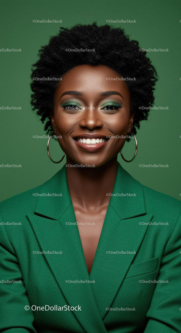 Elegant African Woman in Green Suit with Bright Smile and Natural Hair