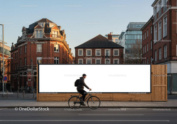 Mężczyzna na rowerze przejeżdżający obok dużej pustej tablicy reklamowej na miejskiej ulicy