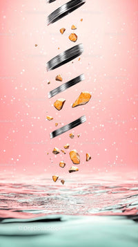 Silver Spiral with Falling Rocks and Water Splash on Pink Background