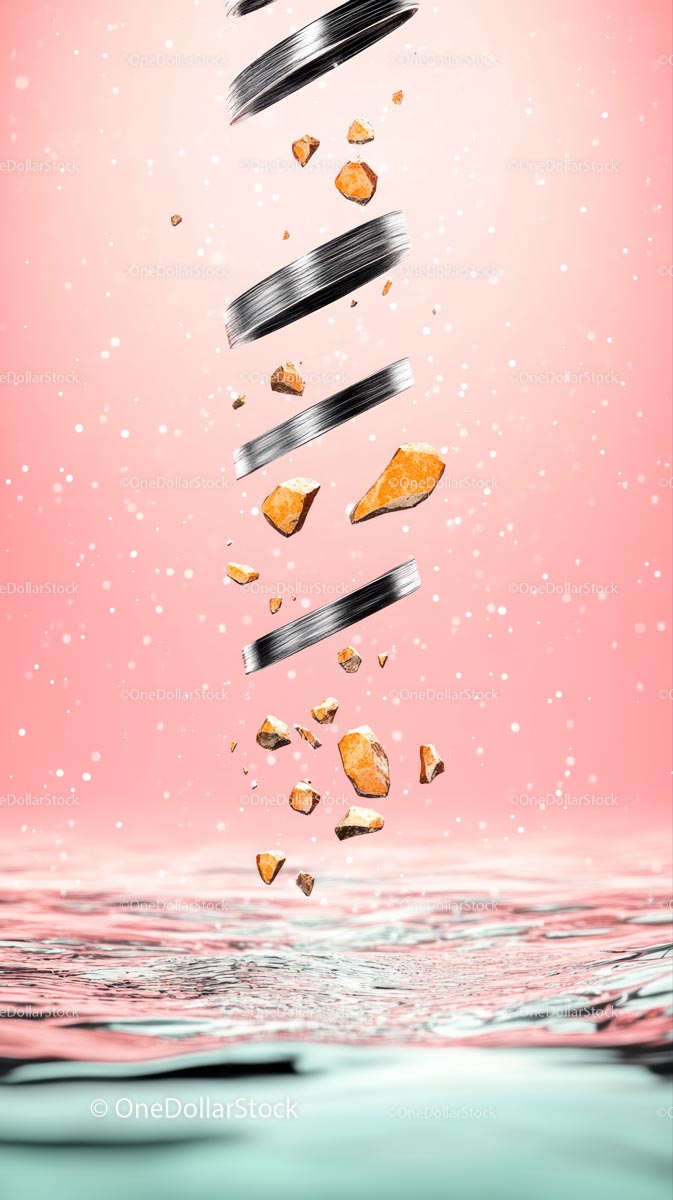 Silver Spiral with Falling Rocks and Water Splash on Pink Background