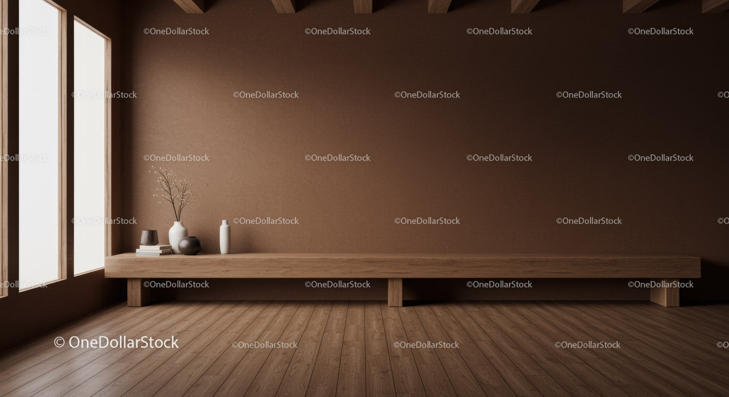 Modern Minimalist Interior with Wooden Bench and Decor Elements