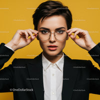 Confident Woman Wearing Glasses in Modern Studio with Yellow Background
