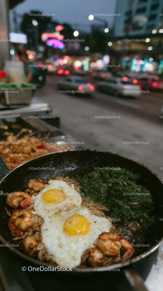 Street Food Scene with Seafood and Eggs at Night in Vibrant City
