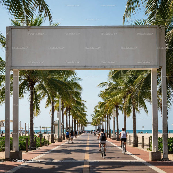 Cyclists and pedestrians along sunny palm-lined boardwalk JPG Mockup Image