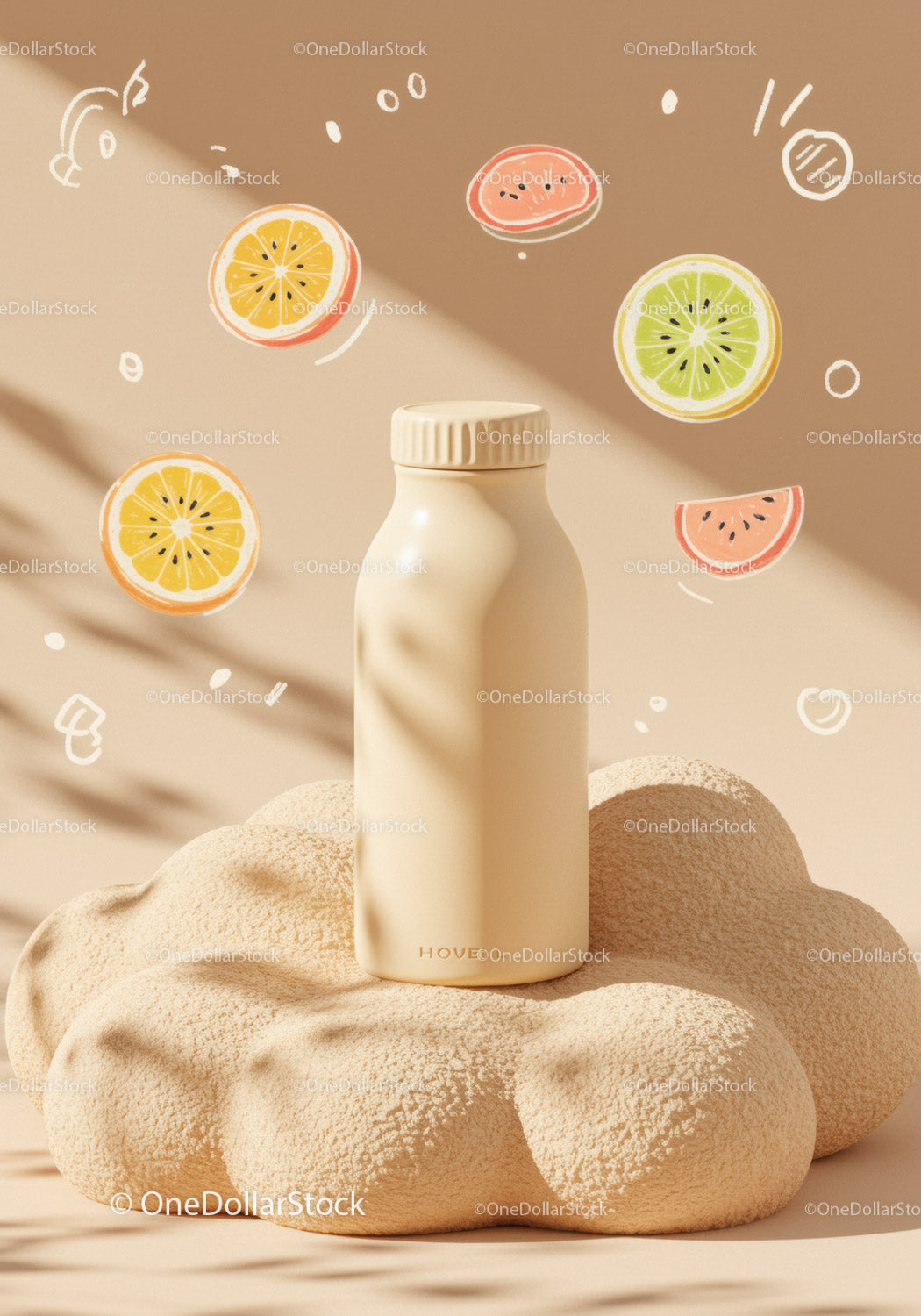 Minimalistic beige bottle with citrus fruit illustrations