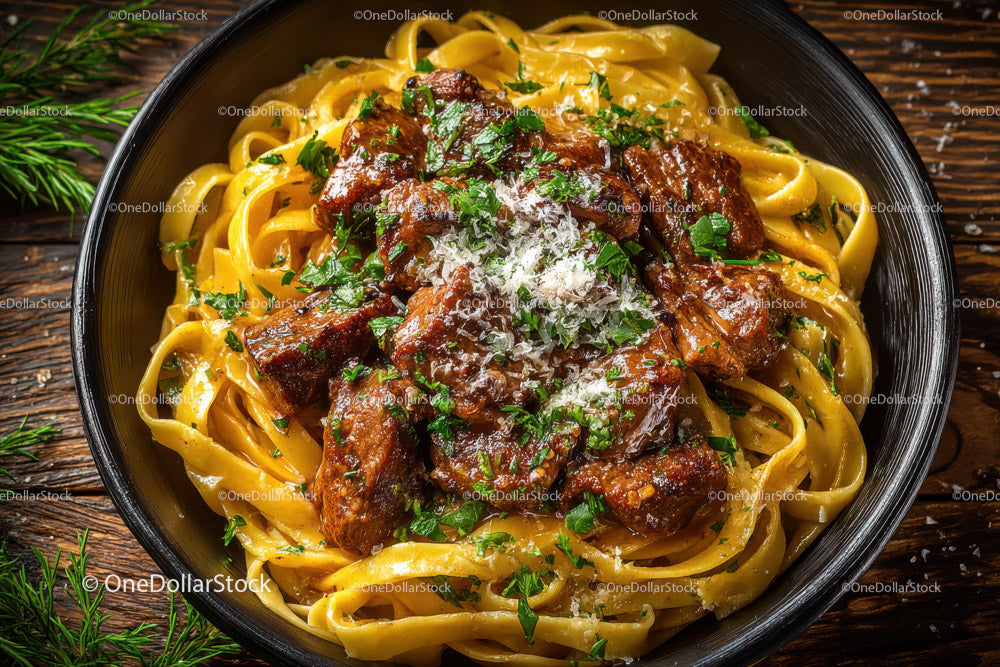 Sycący stroganow wołowy na makaronie fettuccine z ziołami i serem