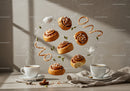 Steaming Coffee Cups with Floating Cinnamon Buns and Spices