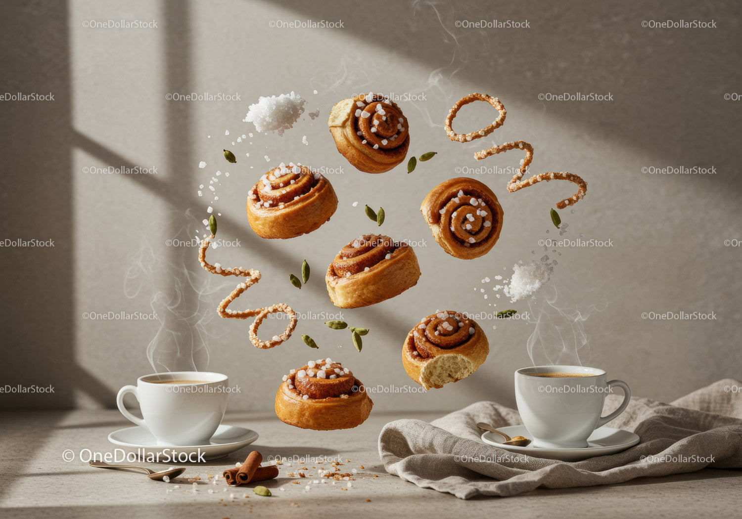 Steaming Coffee Cups with Floating Cinnamon Buns and Spices