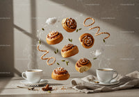Steaming Coffee Cups with Floating Cinnamon Buns and Spices
