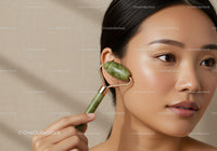 Woman Using Jade Roller for Skin Rejuvenation and Facial Relaxation