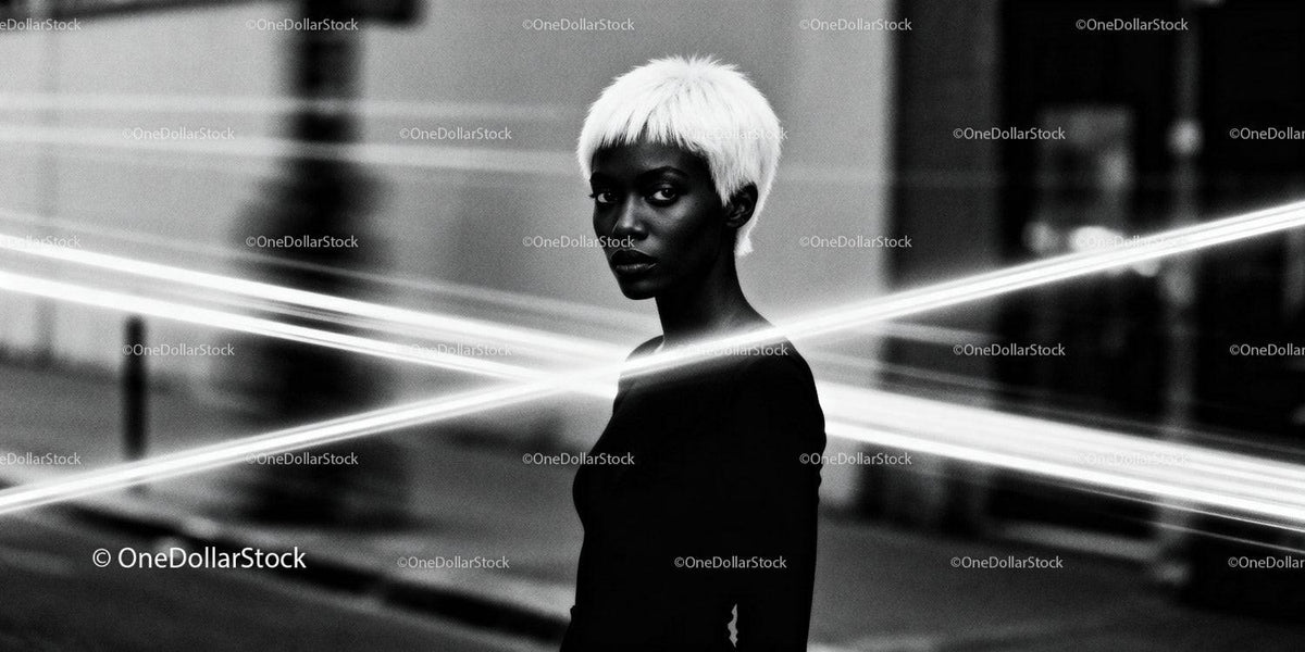 Portrait of elegant woman with platinum hair in urban night