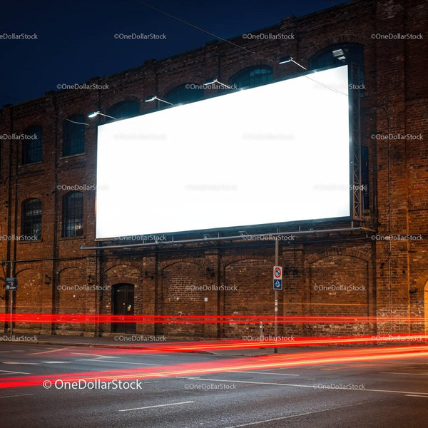 Illuminated blank billboard on brick building at night JPG Mockup Image