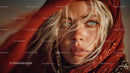 Glamorous Blonde Woman with Blue Eyes Wearing Red Scarf in Studio