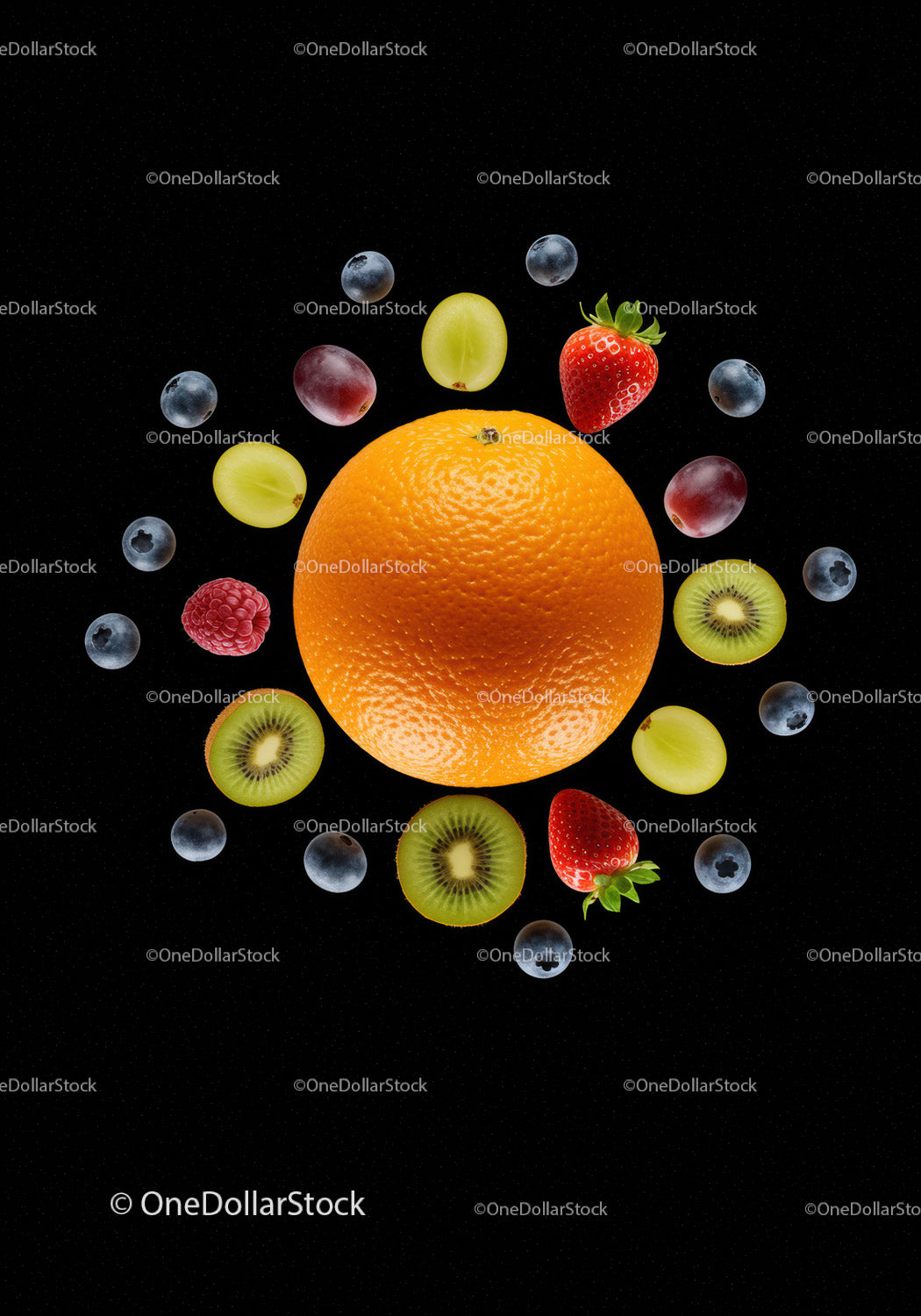 Fresh citrus orange surrounded by assorted vibrant fruits