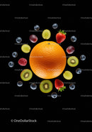 Fresh citrus orange surrounded by assorted vibrant fruits