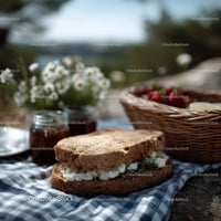 Fresh Cottage Cheese Sandwich with Strawberries and Chamomile Flowers