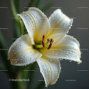 Close-up of White Lily Flower with Dew Drops and Stamen Details