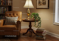 Cozy reading nook with leather chair and warm lighting
